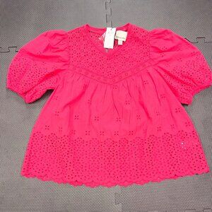 Industry Raspberry Pink Eyelet Cotton Blouse XS Puff Sleeve Scalloped Hem